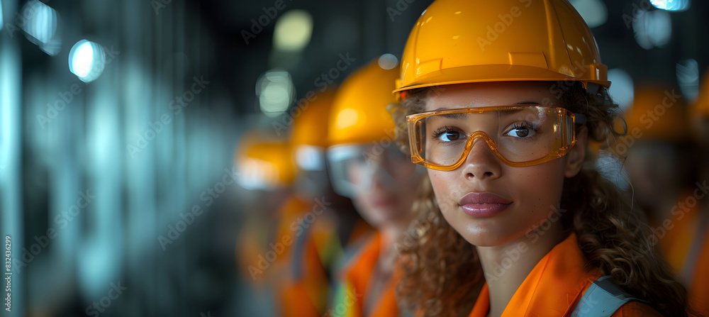 A female worker confidently wears a hard hat and bright orange safety vest. African American woman on blurred background with copy space.. A female worker confidently wears a hard hat and bright orange safety vest. African American woman on blurred background with copy space..