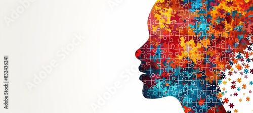 Abstract human head profile made of colorful puzzle pieces on white background with space for text or image