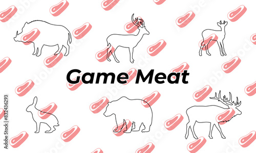 Vector set of animals. Game meat, outline icons. Boar, deer, roe deer, hare, bear, elk. Wild animals mammals and birds that are the objects of hunting and hunting cuisine.