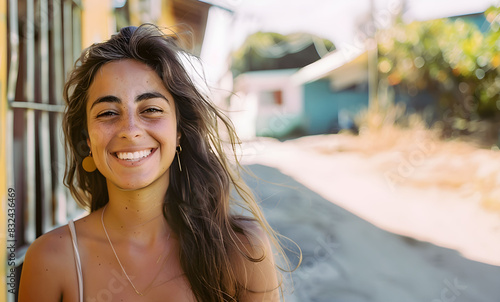 Young Uruguayan woman standing on blurred street background. Free Download Young Uruguayan woman standing on blurred street background. - GFXLoad