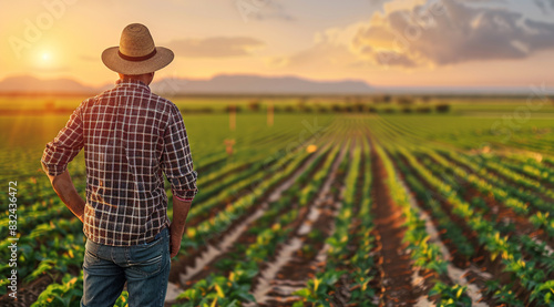 Senior farmer standing in soybean field examining crop at sunset.