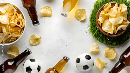 Top view of a football-themed snack arrangement with chips in a bowl, mini soccer balls, and beer bottles on a grass textured surface isolated on white background, png
 photo
