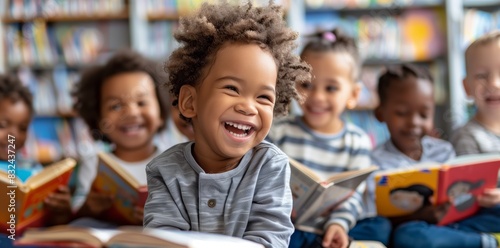 Cute multiethnic children sitting together and reading books in kindergarten or nursery school, laughing while learning with other kids