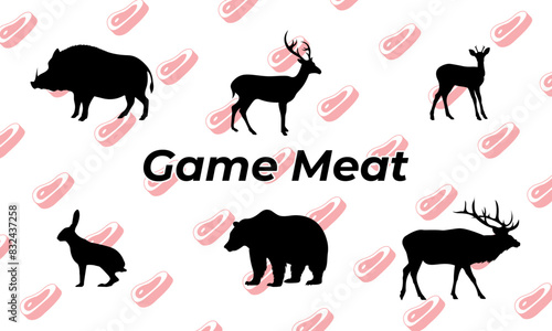Vector set of animals. Game meat  solid icons. Boar  deer  roe deer  hare  bear  elk. Wild animals mammals and birds that are the objects of hunting and hunting cuisine