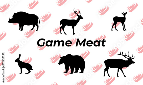 Vector set of animals. Game meat, solid icons. Boar, deer, roe deer, hare, bear, elk. Wild animals mammals and birds that are the objects of hunting and hunting cuisine