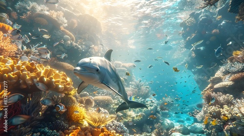Tropical Reef Harmony Dolphins and Sharks Peacefully Coexist Amongst Vibrant Coral Reefs