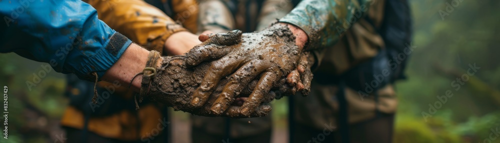 a group's hands together, muddy and holding hiking gear, symbolizing teamwork and adventure in nature a group's hands together, muddy and holding hiking gear, symbolizing teamwork and adventure in nature