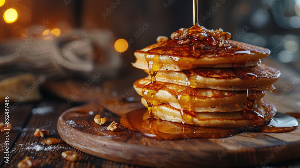 A stack of pancakes with syrup drizzled on top. The pancakes are piled high and look delicious