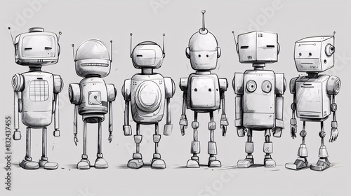 Black and white sketch of various mechanical robots, a nostalgic concept in modern design photo