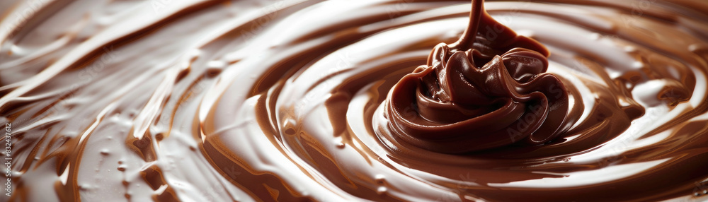 A swirl of chocolate sauce is poured into a bowl. The sauce is thick and rich, and it looks like it's about to spill over the edge of the bowl. Concept of indulgence and decadence A swirl of chocolate sauce is poured into a bowl. The sauce is thick and rich, and it looks like it's about to spill over the edge of the bowl. Concept of indulgence and decadence