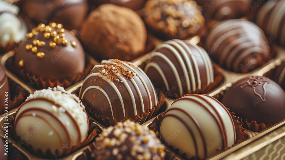 A box of assorted chocolates with white and brown swirls. The chocolates are arranged in a way that they look like they are ready to be eaten A box of assorted chocolates with white and brown swirls. The chocolates are arranged in a way that they look like they are ready to be eaten
