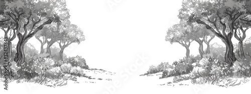 Cartoon sketch of a forest landscape with trees and bushes on a white background, pencil drawing in black and gray with line art