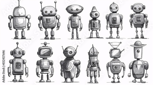 Black and white sketch of various mechanical robots, a nostalgic concept in modern design photo