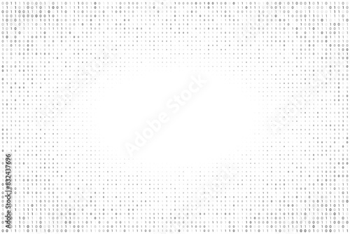 Gray digital data matrix of binary code numbers isolated on a white transparent background with a space for text in the middle. Technology, coding, or big data concept. Vector illustration