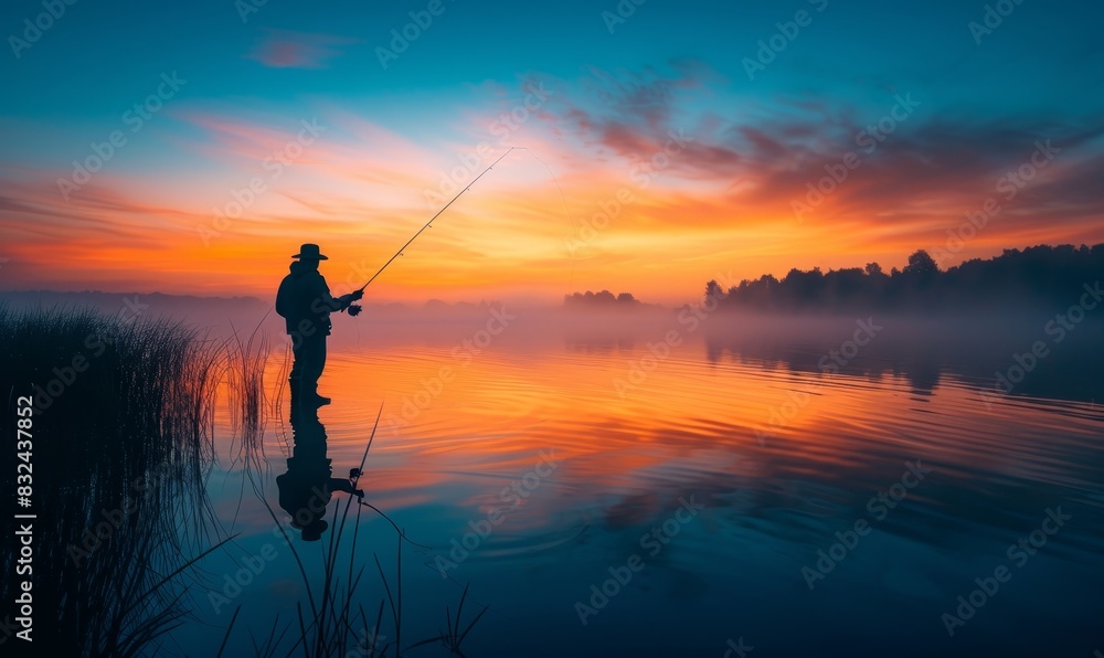 a person fishing at dawn, silhouette against the glowing morning sky, peaceful water reflections a person fishing at dawn, silhouette against the glowing morning sky, peaceful water reflections