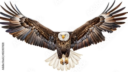 A bald eagle in flight with spread wings on white background
