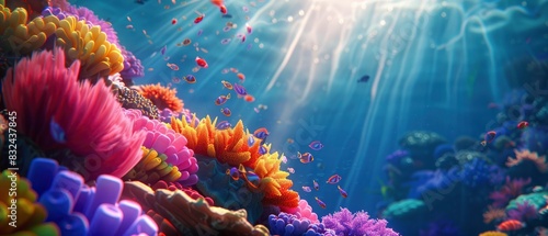 A colorful underwater scene with many different types of coral and fish. Scene is bright and lively, with the sun shining down on the ocean and the vibrant colors of the coral and fish