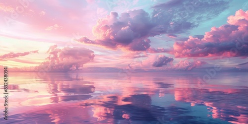 A beautiful sky with pink and purple clouds  reflecting on the calm sea surfac