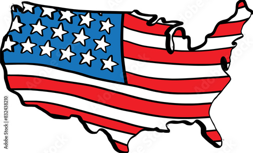 doodle freehand drawing of usa map on usa flag.