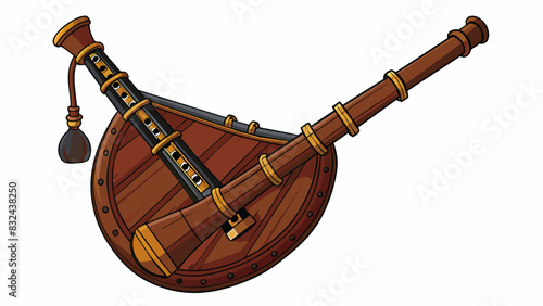 A bagpipe a staple instrument in Scottish music made of dark wood and adorned with intricate carvings. Its long curved pipes emit a deep haunting. Cartoon Vector.