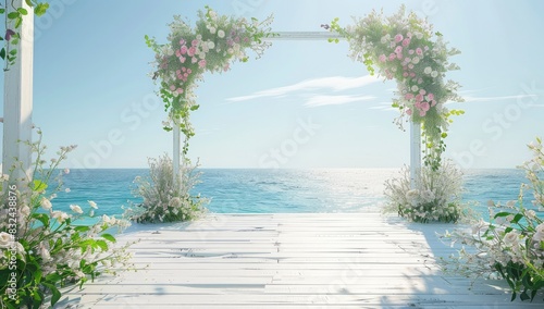 a wedding arch on the beach with a white wooden floor  with flowers and ocean in the background
