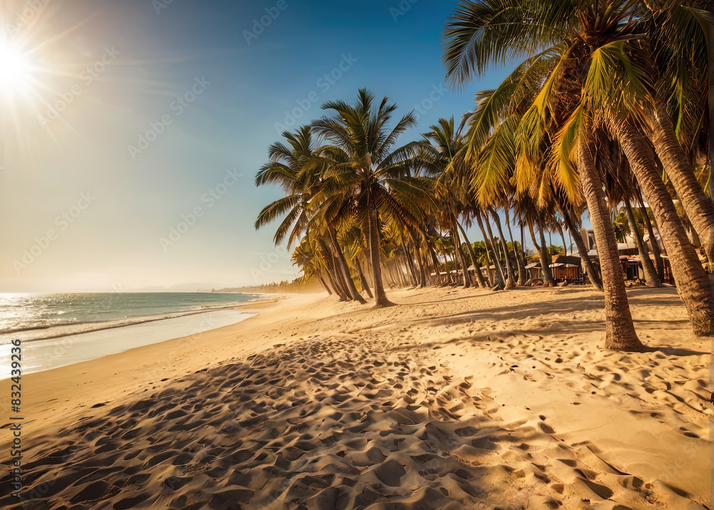 Obraz premium Tropical seaside paradise, palm trees and sandy beach at tourist resort
