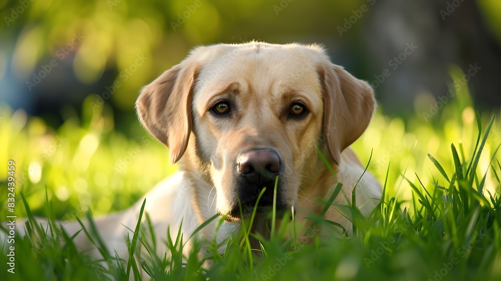 Golden Labrador Retriever Lying in Sunlit Grass Golden Labrador Retriever Lying in Sunlit Grass