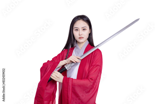 An oriental beauty in a red costume holds a sword
