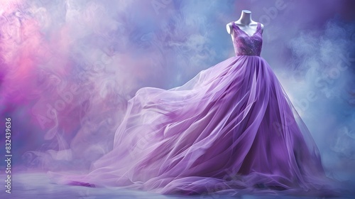 Dreamy Purple Ball Gown with Flowing Fabric on Mannequin in Misty Setting