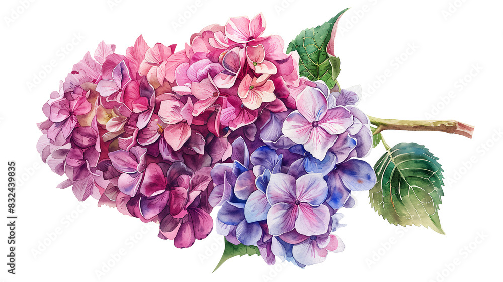 Fototapeta premium A beautiful pink hydrangea flower and branch in watercolor painting style on a transparent background. Isolated of botanical flowers and leaves for decoration elements in vivid colors.