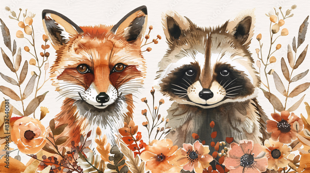 Fototapeta premium Bohemian-style watercolor of a fox and owl in a woodland setting, ideal for nursery prints