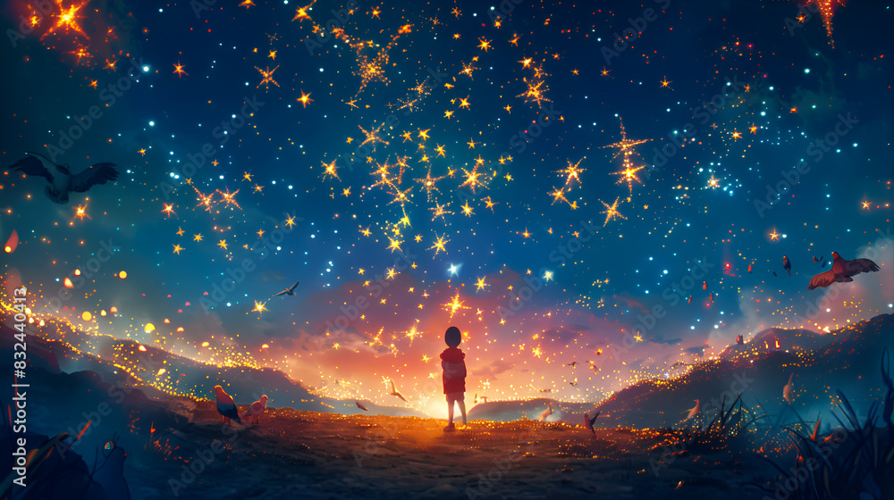 A Young Boy Gazing at a Starry Night Sky Filled with Twinkling Stars ...