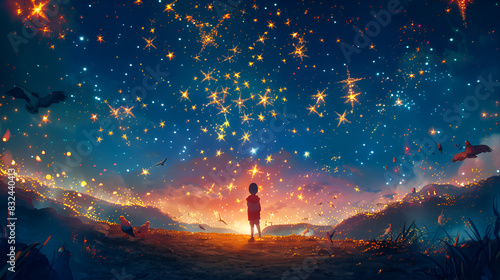 A Young Boy Gazing at a Starry Night Sky Filled with Twinkling Stars, Surrounded by Tall Grass and Birds Flying in a Dreamlike Scene photo