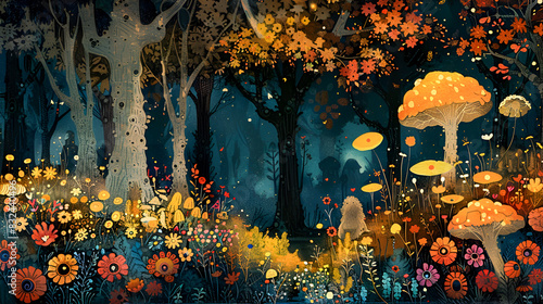 Whimsical Forest Illustration with Majestic Trees and Vibrant Foliage