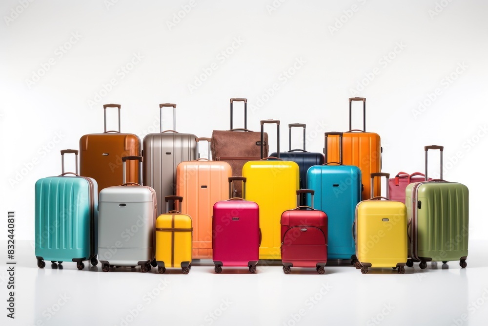 Many colorful suitcases with white background holiday concept. AI generated Many colorful suitcases with white background holiday concept. AI generated