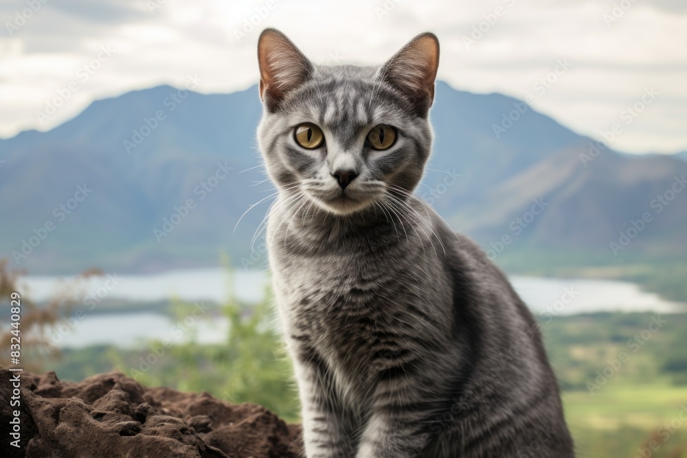 Portrait of a cute korat cat while standing against panoramic mountain vista Portrait of a cute korat cat while standing against panoramic mountain vista