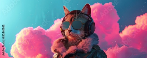 A cat in an aviator jacket and sunglasses, wearing headphones against the backdrop of pink clouds against a blue background, in the style of neon minimalism with pastel colors photo