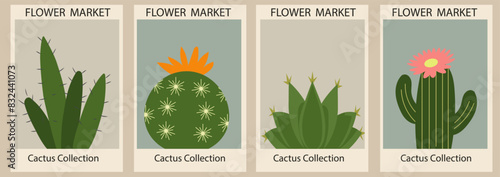 Set of abstract contemporary aesthetic Flower Market posters. Trendy botanical wall arts with cactuses design in bright colors. Modern naive funky interior decorations. Boho vector art illustration.