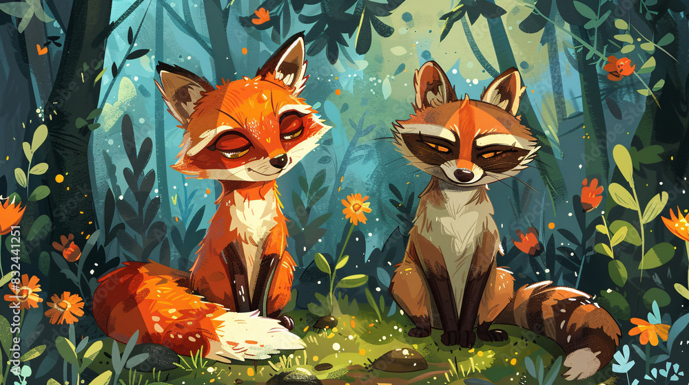 Fototapeta premium Boho-style cartoon of woodland creatures like a fox and raccoon in a summer forest