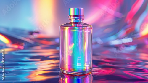 Glass bottle with metallic cap reflecting vibrant neon lights in a futuristic city