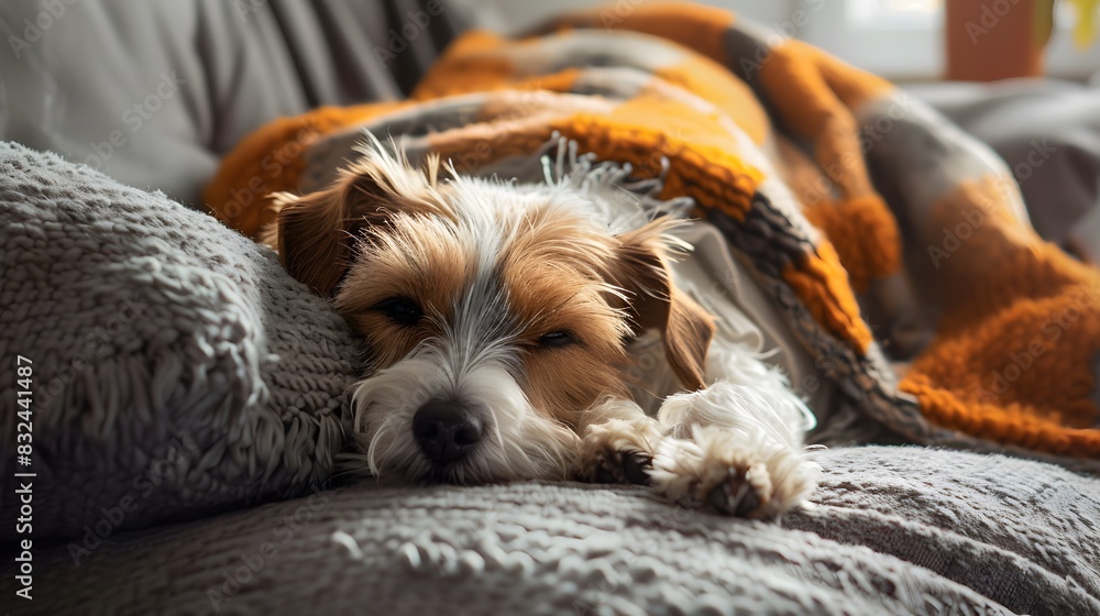 Cozy Jack Russell Terrier Napping on a Cushion with Warm Blanket Cozy Jack Russell Terrier Napping on a Cushion with Warm Blanket