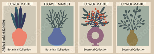 Set of abstract Flower Market posters. Trendy botanical wall arts with foliage in the vase  in bright colors. Modern naive funky interior decorations. Vector art illustration