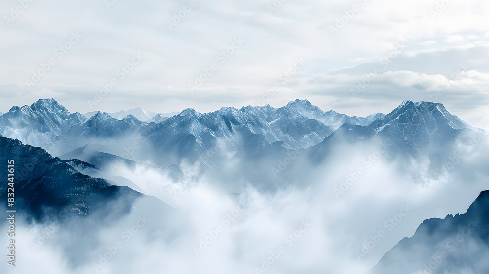 Dramatic aerial panorama of clouds and mountain landscape. nature background isolated on white background, space for captions, png
