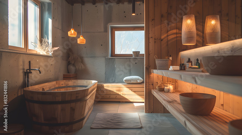A luxurious bathroom with a wooden bathtub  sleek fixtures  and warm lighting creates a spa-like atmosphere.