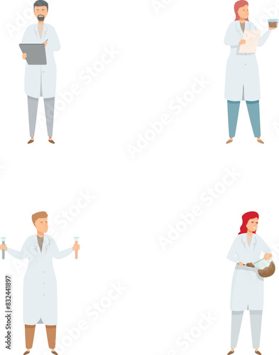 Set of four medical professionals and scientists with equipment, showcasing diversity