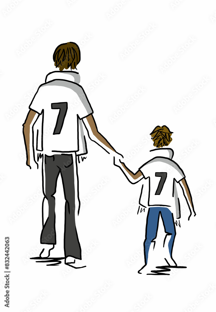 Parent And Child Hand In Hand Football Fan Illustration White Shirt On White Background Parent And Child Hand In Hand Football Fan Illustration White Shirt On White Background