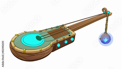 A peculiar instrument with an oddlyshaped body and strings that seem to glow in the dark is said to possess mystical powers when played under a full. Cartoon Vector. photo