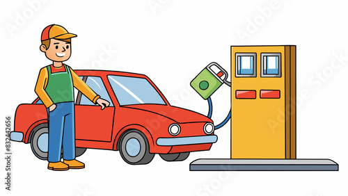 A person goes to a gas station to fill up their car with gas. They select the type of fuel they need insert their credit card into the pump and fill. Cartoon Vector.