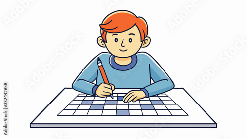 A person doing a crossword puzzle The person is sitting at a table with a crossword puzzle in front of them. They are focused and have a furrowed brow. Cartoon Vector.