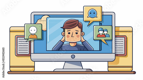 A person hiding behind a computer screen sending hurtful messages and spreading rumors about others to their classmates.. Cartoon Vector.